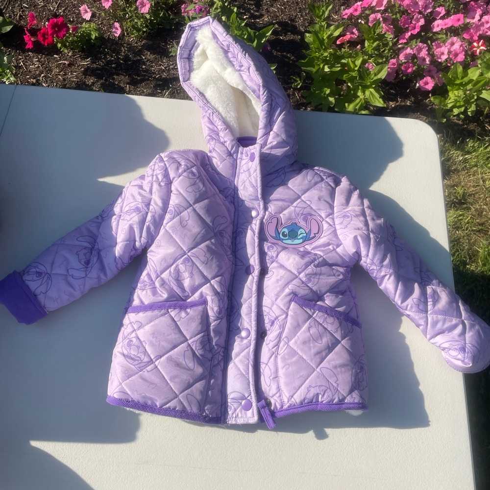 Disney Purple and White Puffer Jacket with Quilted Design